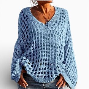 Light Blue Open Knit V-Neck Sweater Size Medium NWT